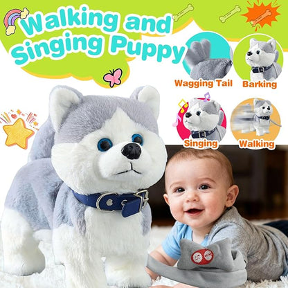HCdoujoy Husky Walking Dog Barking Toy, Musical Singing Dancing Volume Control Interactive Puppy Walk Along with Leash, Wagging Tail Shaking Head, Robot Plush Stuffed Animal Puppy for Kid