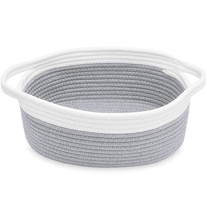 ABenkle Small Basket with Handles, Boho Decorative Rope Woven Dog Cat Toy Storage Bin Shelf Storage Organizer, Easter Christmas Gift Basket, 12"x8"x5", Grey