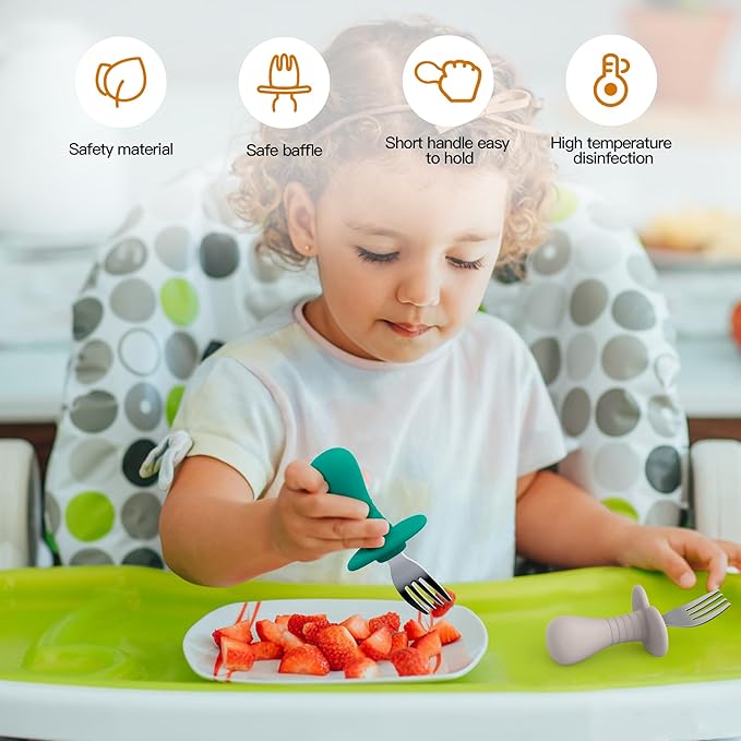 4 Pieces Toddler Forks Baby Forks, Kids Silverware Set with Silicone Handle, 18/8 Stainless Steel Children Safe Forks, BPA Free, Anti-Choke Design, Fork Cutlery Set For Kids