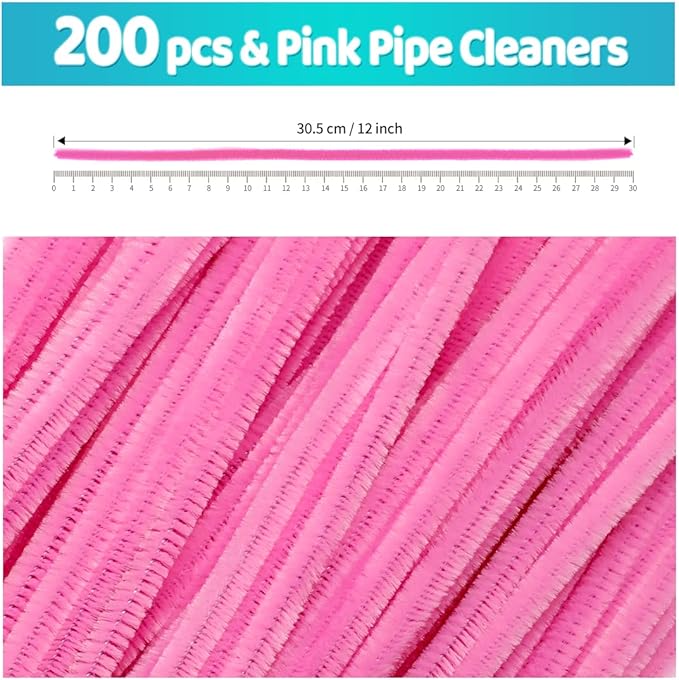 Iooleem 200pcs Pink Pipe Cleaners, Chenille Stems, Pipe Cleaners for Crafts, Pipe Cleaner Crafts, Art and Craft Supplies.