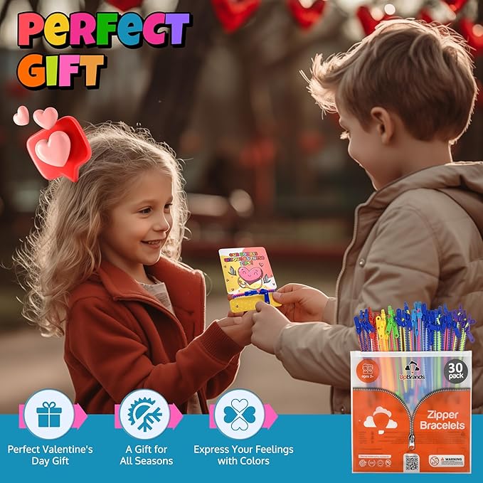 UpBrands Case Pack of 60 Boxes x 30 Valentine's Day Cards with Bi-Color Fidget Zipper Bracelets Per Box – Bulk Valentine’s Gifts for Schools, Charities, and Businesses