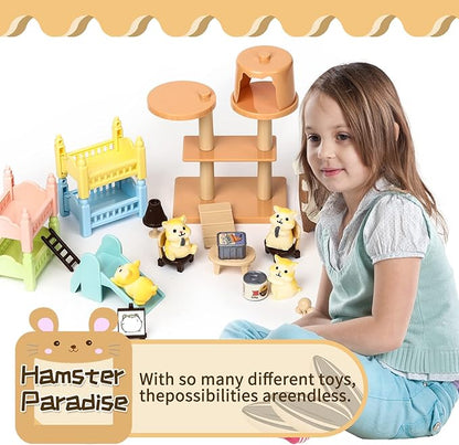 TQQFUN Pet Pretend Play Toys, 33 PCS Hamster Figures Playset Toy, Realistic Detailed Pet Care Center, Hamster Care Role Play Educational Toys, Gift for Kids Toddlers Boys and Girls