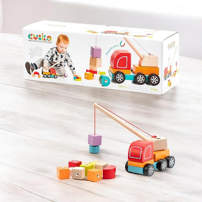CUBIKA Wooden Crane Truck – Magnetic Construction Vehicle Playset for Toddlers Ages 18 Months+ – Montessori Toy for Fine Motor Skills, Creativity, and Imaginative Play