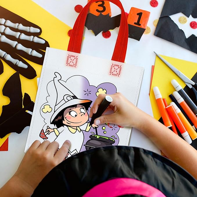 Kacctyen 45 Pcs Cute Coloring Goodie Bags Reusable Halloween Art Party Favor Bags Paint Bags for Kids Halloween Birthday Party Favor Bags Color Your Own Bag Graffiti Goodie Bags, 9 Styles
