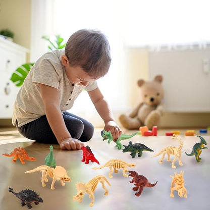 UPINS 24pcs Mini Dinosaur Figures and Dinosaur Fossil Skeletons,Plastic Dinosaurs Assorted Dino Bones with Storage Box Educational Gift for Science Play Sand Dig Party Favor Decorations