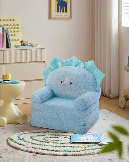 MOONBEEKI Comfy Toddler Chair, Kids Couch Fold Out to Lounger, Foldable Baby Sofa Plush for Girl and Boy Age 18 Months and Up （Blue Triceratops）