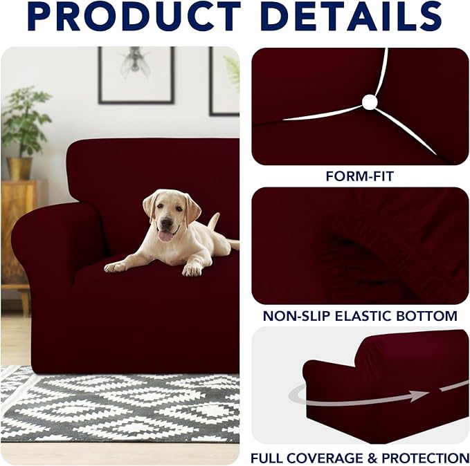 PureFit 100% Dual Waterproof Couch Cover Slipcovers for Couches and Sofas - Stretch Non Slip Fleece Sofa Covers Washable, Leakproof Furniture Protector for Kids, Pets, Dog (Oversized Sofa, Wine)