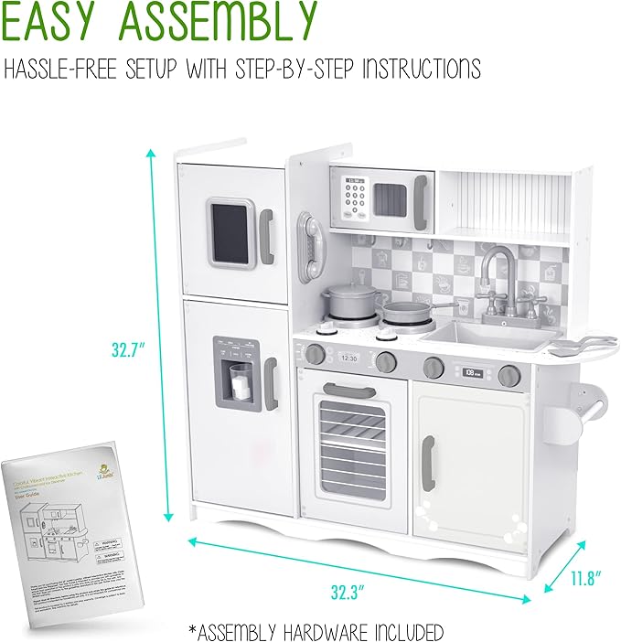 Lil' Jumbl Kids Kitchen Set, Pretend Wooden Play Kitchen with Chalk Board, Play Phone, Towel Rack & Ice Dispenser, Clicking Knobs, Pots & Utensils Included - White