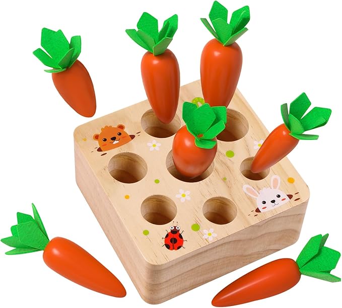 Montessori Toys for 1 Year Old, Montessori Baby Carrots Toy for 6-12 Months, Educational Wooden Carrot Harvest Game for Shape Sorting & Easter Toys, Birthday Gifts for Babies Boys Girls