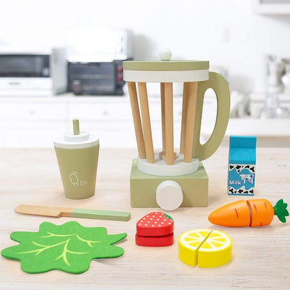 Teamson Kids Little Chef Frankfurt 13-pc. Wooden Play Kitchen Blender Accessory Set with Pretend Ingredients, Natural/Green