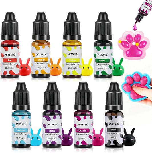 Silicone Pigment Set for Taba Squishy Maker & Silicone Mold, Washable Liquid Coloring Dye for Boys & Girls, Beginners & Family DIY, Basic 8 Colors Squishy Making Paint Kit, 10 ml Each.