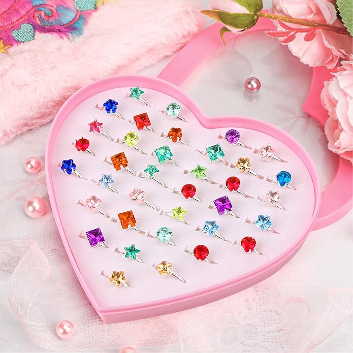 Little Girl Jewel Rings, Adjustable Pink Rings Girls Kids Pretend Play and Dress up Jewelry Set, Cute Rings with Display Case Party Favors Toys Gifts