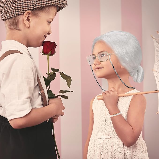 100th Day of School Costume, Old Lady Cosplay White Bun Wig Glasses Wig Cap Pearl Necklace Bracelet Props for Kids Girls