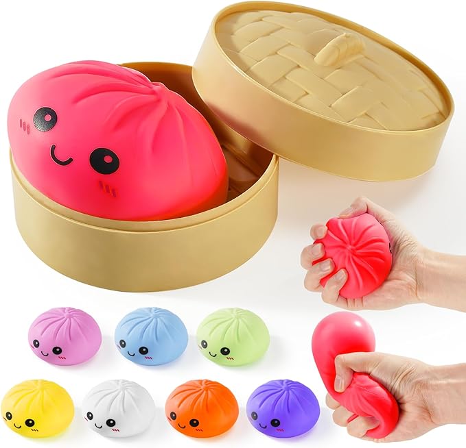 Dumpling Squishy Toys, Gaint Dumpling Squishy Mystery Box, Colorful Squishies Dumplings Stress Balls Toy, Stocking Stuffers with Food Steamer Stretchy Desk Toy (Red)