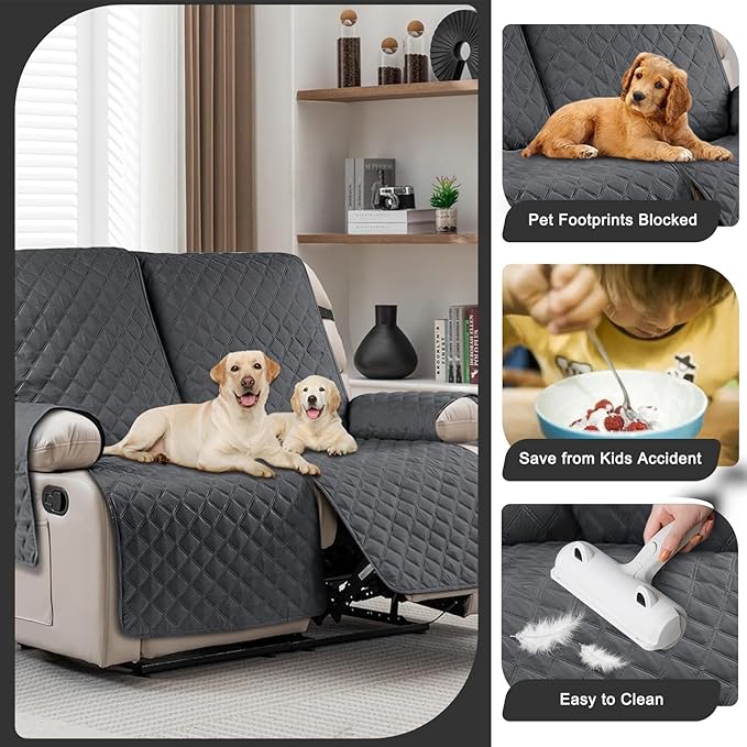 Waterproof Recliner Couch Cover,Non-Slip Recliner Cover with Elastic Straps,Leakproof Furniture Protector for Kids,Dog and Cat (2 Cushion Loveseat, Dark Gray)
