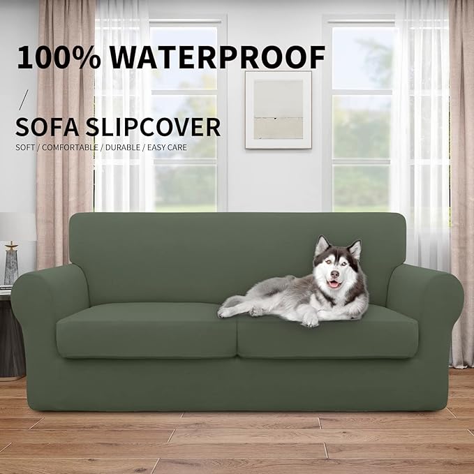 Easy-Going 100% Dual Waterproof Oversized Loveseat Cover Stretch Soft Couch Cover for Dogs, Sofa Slipcover for 2 Separate Cushion Couch Leakproof Furniture Protector Grayish Green