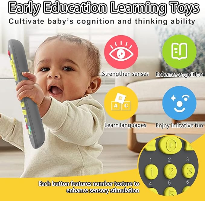 Baby Remote Toy, Toddlers TV Remote Control Toy Kids Realistic Play Remote Early Educational Baby Musical Toys with Light and Sound English French Spanish for Proshool Boys Girls 6 Month+, Gray