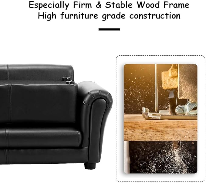 Costzon Kids Couch with Footstool, 2 in 1 Double Seat Children's Sofa w/PU Leather Surface, Armrest Chair Lounge, Soft Kids Sofa for Preschool Bedroom Kids Room Toddlers Boys Girls Birthday (Black)