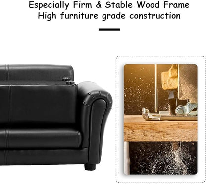 Costzon Kids Couch with Footstool, 2 in 1 Double Seat Children's Sofa w/PU Leather Surface, Armrest Chair Lounge, Soft Kids Sofa for Preschool Bedroom Kids Room Toddlers Boys Girls Birthday (Black)