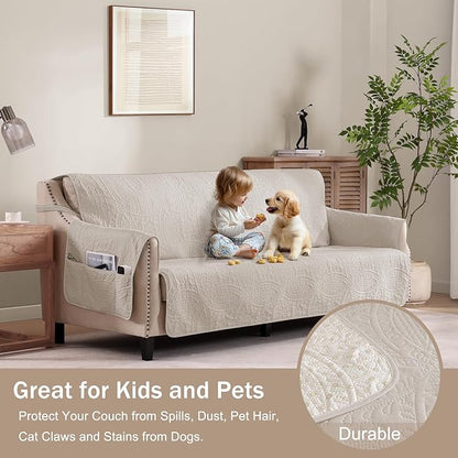 Soft Quilted Couch Cover with Pockets for Extra-Large Sofa, Anti-Slip Sofa Covers Washable for 3 Cushion Pet Friendly, Oversized Sofa Cover Water-Repellent (X-Large Sofa 78", Beige Cream)