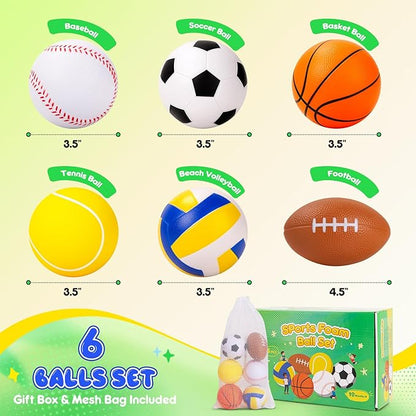 PlayZap 6 Pack Balls for Toddlers Kids, Foam Soft Balls Set, 3.5" Small Soccer Basketball Baseball Football Volleyball Tennis, Indoor Outdoor Sports Toys Gifts for Boys Girls
