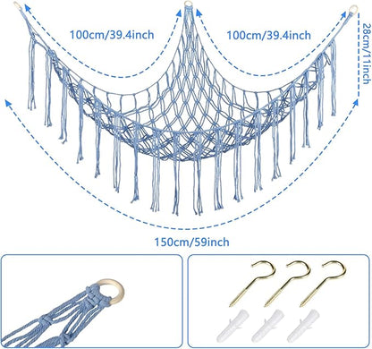 Boho Stuffed Animals Net or Hammock Large,55 inch Toy Hammock Macrame Stuff Animal Storage Corner Hanging Net Holder,Mesh Hammock Plush Toy Organizer with Hooks for Bedroom,Nursery (Baby Blue)