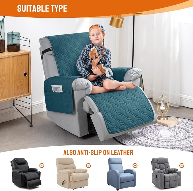 VANSOFY 100% Waterproof Recliner Chair Covers, Recliner Cover Non-Slip Dog Chair Cover Furniture Protector Washable Slipcover with Pocket, Elastic Straps for Pets, Dogs(Peacock Blue, 23.6")