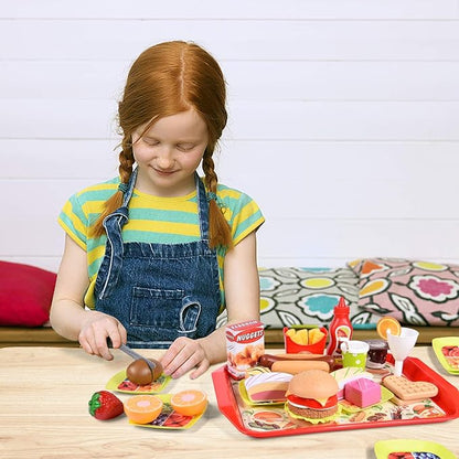 FUN LITTLE TOYS 40PCS Play Food for Kids Kitchen, Play Kitchen Accessories, Toy Foods with Cutting Fruits and Fast Food for Pretend Play, Birthday Gifts