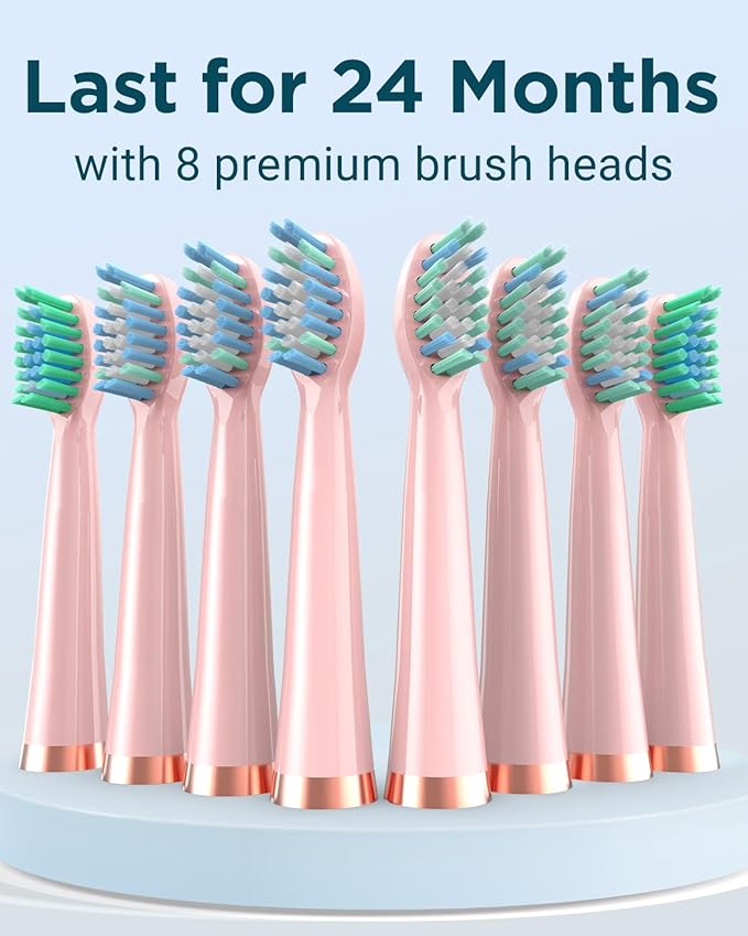 Rtauys M5 Sonic Electric Toothbrush for Adults and Kids - Rechargeable Electric Toothbrush Kids Ages 12+ and Adults with 8 Brush Heads & Travel Case, 120 Days Battery Life - Pink