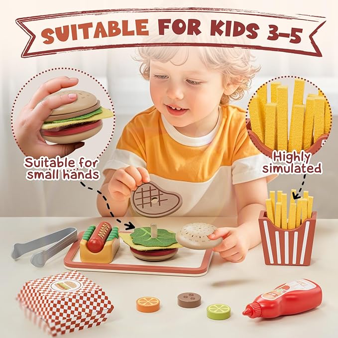 Lehoo Castle Wooden Play Food Sets, Toy Food for Kids Ages 4-8, Play Food Sets for Kids Kitchen, Play Hamburger Counter Shop, Fake Food Pretend Play for Toddlers 3-5