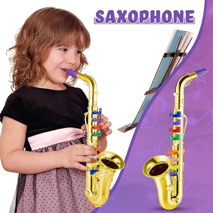 Lewtemi Gold Saxophone Musical Instruments Toy for Kid Toddler Fake Plastic Preschool Music Toy Gift Portable Wind Instrument Early Educational Teaching Songs Gifts for Toddlers Children