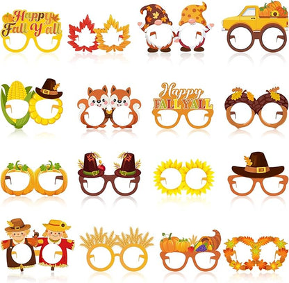 32 Pcs Fall Party Decoration Paper Eyeglasses Autumn Thanksgiving Costume Photo Booth Props Pumpkin Maple Leaf Fall Themed Supplies for Happy Fall Harvest Decorations Thanksgiving Party Favor