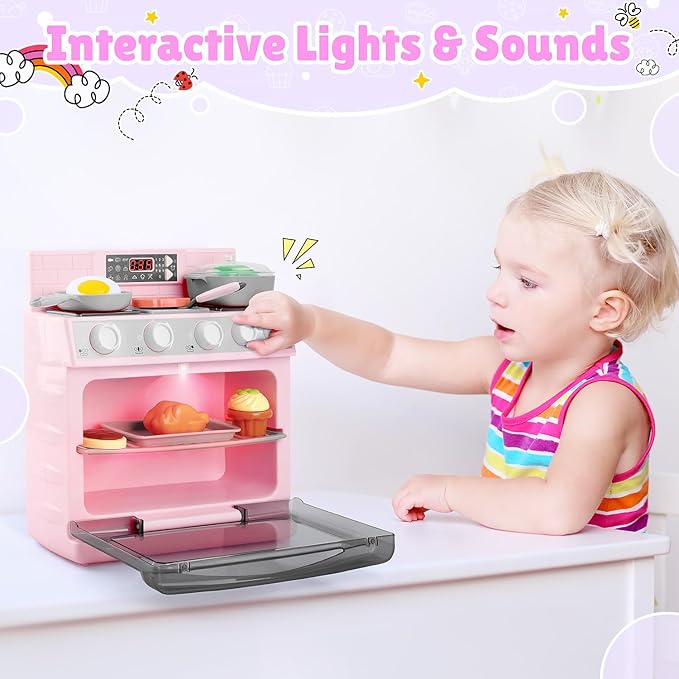 PLAY Toy Oven Kids Kitchen Playset, Kids Play Kitchen Set with 11 Accessories, Realistic Cooking Sounds ＆ Lights, Pretend Play Oven Toddler Cooking Gift Set for Girls Boys Ages 3+