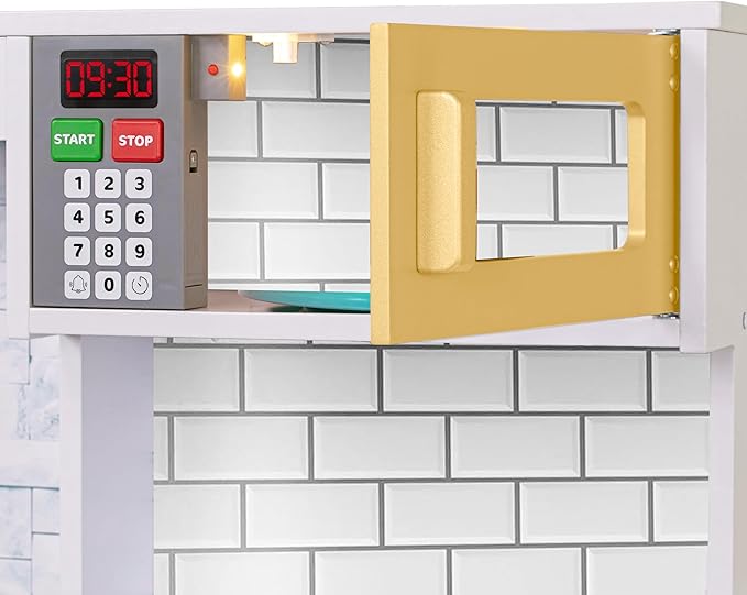 Lil' Jumbl Kids Kitchen Set, Pretend Wooden Play Kitchen, Battery Operated Icemaker & Microwave with Realistic Sound, Pots & Pan Included - Colorful