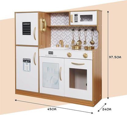 Wooden Play Kitchen Toy Set with Light, Kids Children Pretend Toy Kitchen Playset, Sink Play Toy Oven with Microwave,Toddler Cooking Set Toy for Ages 3+