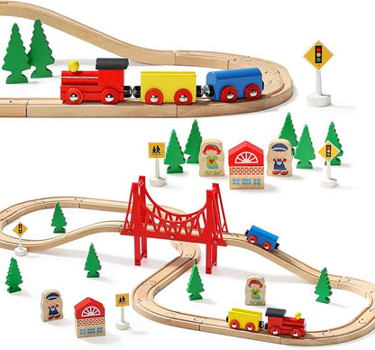 SainSmart Jr. Wooden Train Set - Interactive Police Playset for Kids | Building Toy with Train, Figures & Accessories | Compatible with Brio, Thomas, Melissa and Doug | Educational STEM Gift (Village)