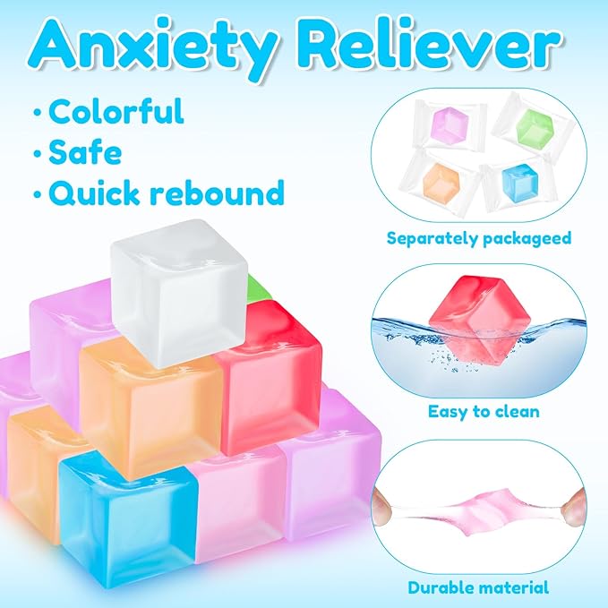 Simgoing 96 Pcs Mini Ice Cube Stress Balls Bulk Fidget Squeeze Square Ball Stress Relief Sensory Playthings Ice Cube for Adults Birthday Valentines Gifts Party Favor Prize Bags Box Filling, 8 Colors