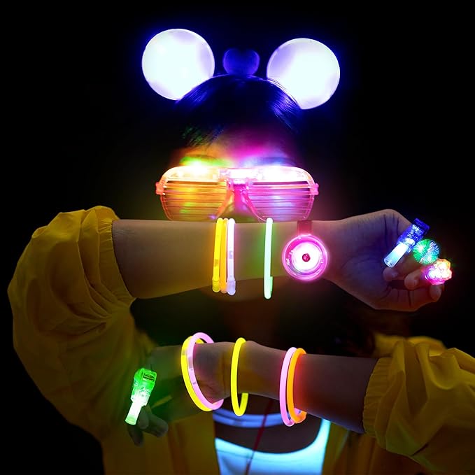 Mocoosy 103Pcs Glow in the Dark Party Supplies, Light Up Party Favors for Kids LED Neon Toys Bulk Party Pack With Glow Sticks,Led Glasses,Light Up Bracelets,Finger Lights,Jelly Rings and Headbands