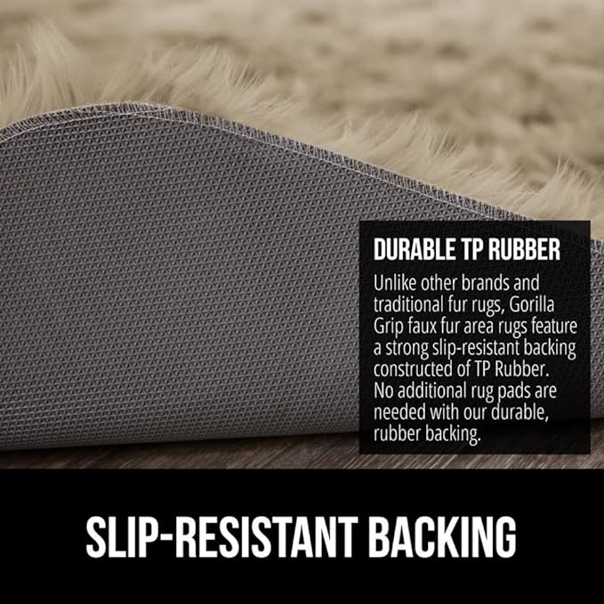 Gorilla Grip Fluffy Faux Fur Rug, 6x9, Machine Washable Soft Furry Area Rugs, Rubber Backing, Plush Floor Carpets for Baby Nursery, Bedroom, Living Room Shag Carpet, Luxury Home Decor, Beige