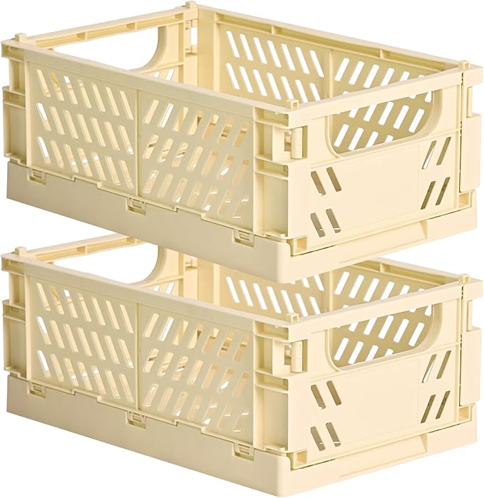 HUUSMOT 2-Pack Small Pastel Plastic Storage Baskets, Collapsible Crates for Organizing, Space-Saving Mini Bins for Classroom, Kitchen, Office, Bedroom (Yellow, 9.8" x 6.5" x 3.8")