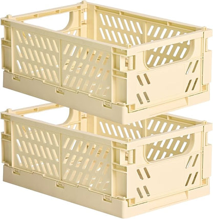HUUSMOT 2-Pack Small Pastel Plastic Storage Baskets, Collapsible Crates for Organizing, Space-Saving Mini Bins for Classroom, Kitchen, Office, Bedroom (Yellow, 9.8" x 6.5" x 3.8")
