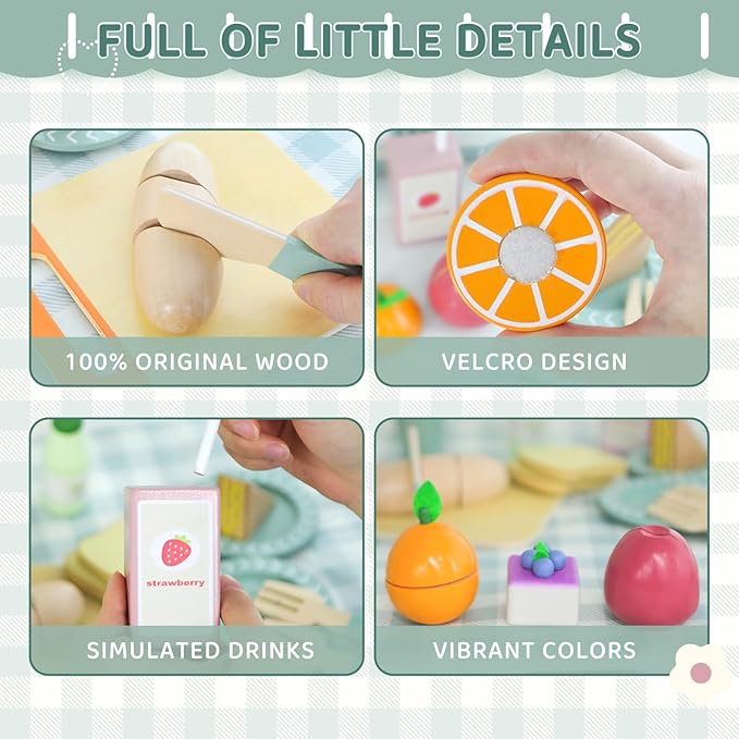 Picnic Playset - Wooden Play Food - Play Food Sets for Kids Kitchen - Pretend Food, Toy Food with Multifunctional Storage Bag, Non-Toxic Toy Picnic Set Best Gift for 3+ Toddlers