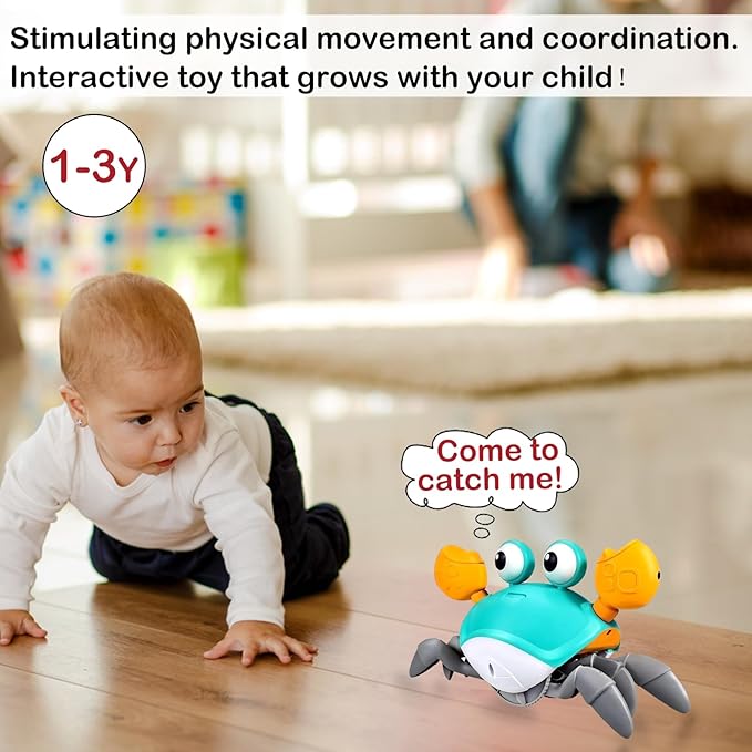 Plnmlls Crawling Crab Baby Toy,Tummy Time Toys,with Music and LED Light,Built-in Rechargeable Battery and Volume Can be Turned Off for 6-12 12-18 36 Months Walking Toddler Birthday Gift(Jade Green)