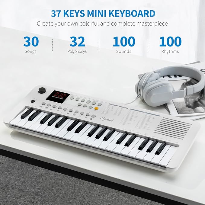 POGOLAB MK1 37 Keys Kids Keyboard Piano, Mini Portable Multi-Function Piano with Excellent Sound Quality, Built-In Speaker & LED Display, Small Electric Music Keyboard Gift for Beginners (White)