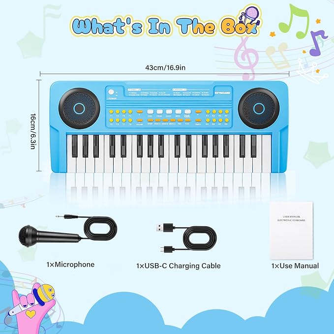 Upgraded 37 Keys Kids Piano Keyboard – Portable Toddler Music Toy Keyboard with Microphone Musical Instrument Birthday Gift for 3 4 5 6 Boys Girls, Blue