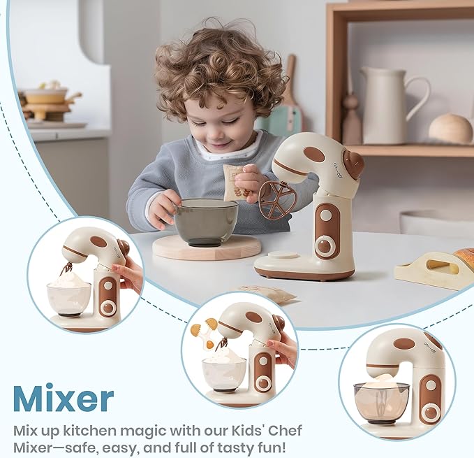 ROBOTIME Kids Toy Kitchen Set - Wooden Play Kitchen Appliances with Toaster, Mixer, Blender with Realistic Sounds, Play Kitchen Accessories Toy Food Set for Kids - Kitchen Playset for Toddlers(4-Set)