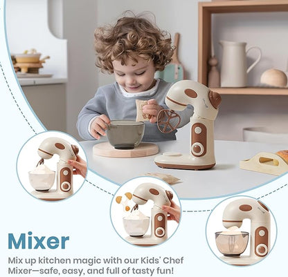 ROBOTIME Kids Toy Kitchen Set - Wooden Play Kitchen Appliances with Toaster, Mixer, Blender with Realistic Sounds, Play Kitchen Accessories Toy Food Set for Kids - Kitchen Playset for Toddlers(4-Set)