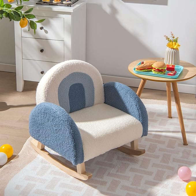 Costzon Kids Blue Rocking Chair with Solid Wood Frames, Plush Fabric, Anti-Tip Design for Kids Room, Nursery, Playroom, Preschool, Birthday Gift for Boys Girls, Toddler Furniture Armchair