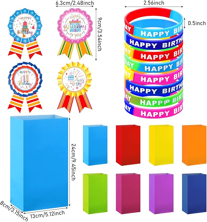 Leinuosen 248 Pcs School Supplies for Kids Classroom Include 200 Happy Birthday Badge Stickers Roll 24 Birthday Bracelets and 24 Rainbow Paper Gift Bag for Teacher Student School Decor (Bright Color)