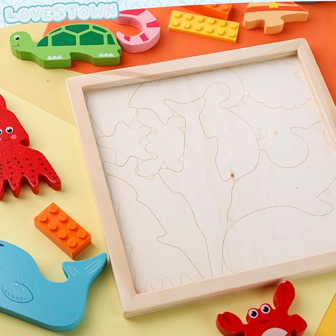 LovesTown 12PCS Wooden Stacking Puzzles, Educational Toys Sea Animal Chunky Jigsaw Puzzles for Kids